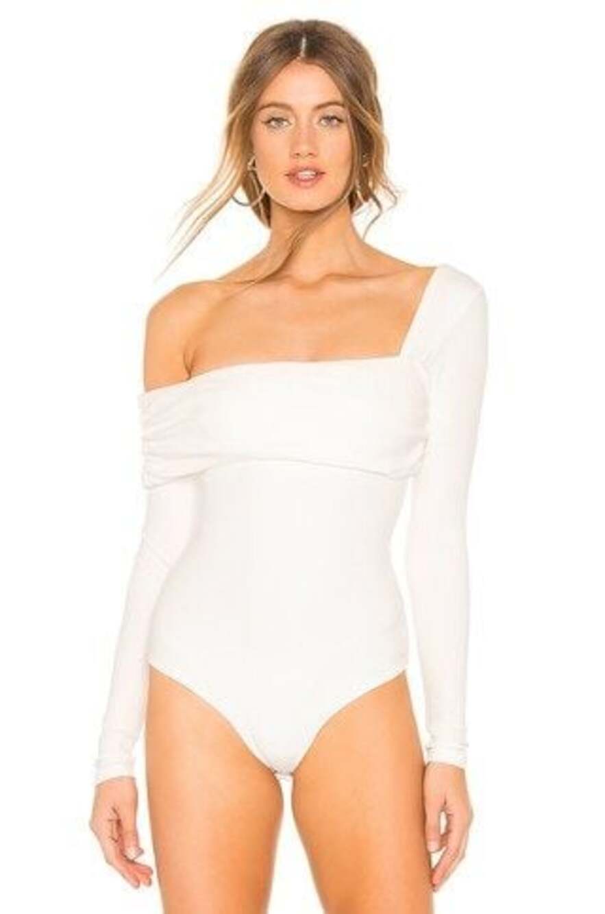 Lovers and Friends FLORENCE BODYSUIT White Ribbed Off-The-Shoulder Long Sleeve S